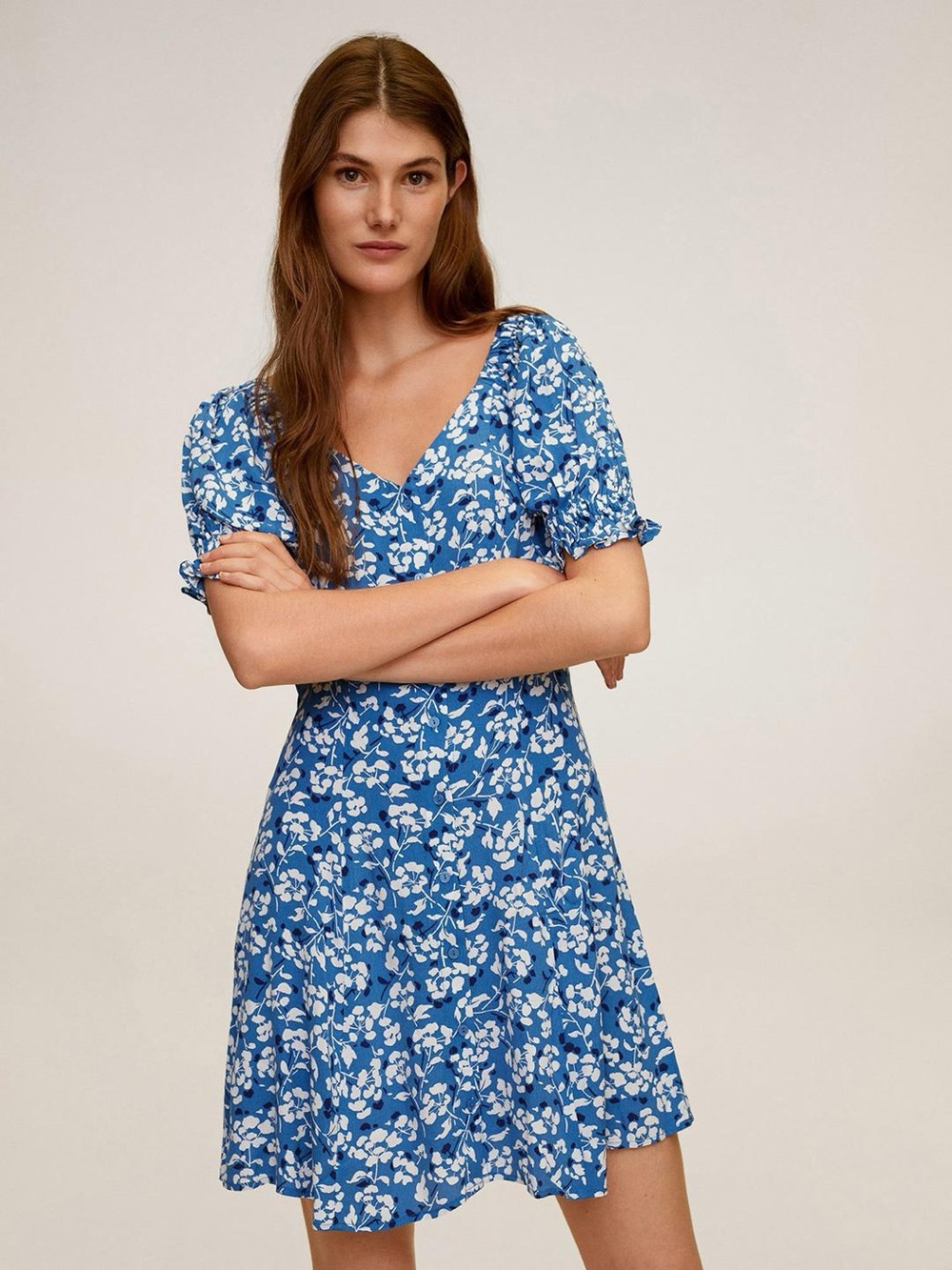 Mango Blue and white floral mini button down dress size S